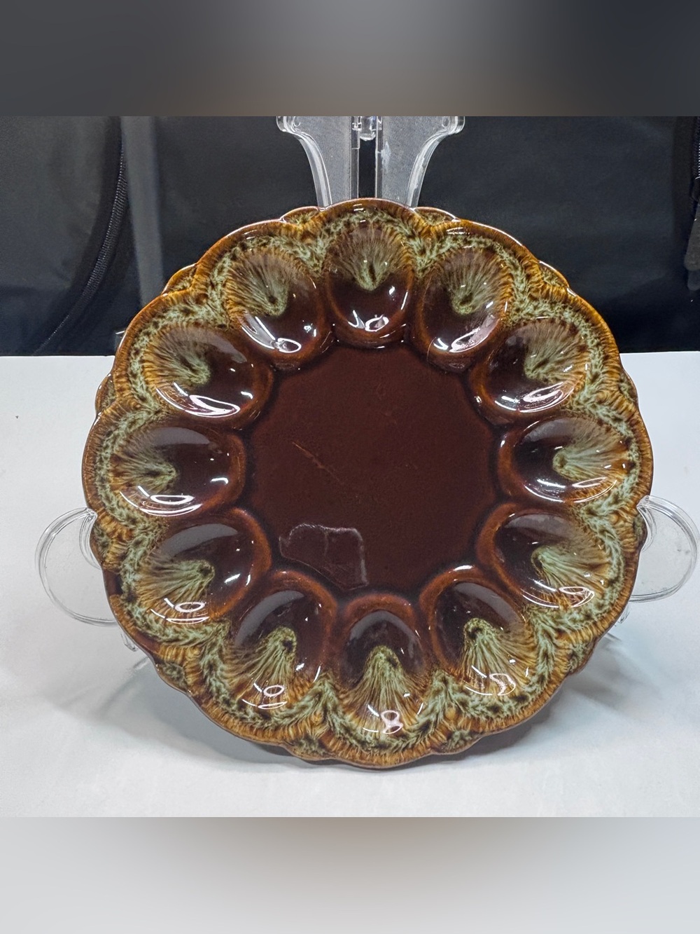 Deviled Egg Platter Unisex OS Brown Drip Glaze Ceramic 12 Slot Plate